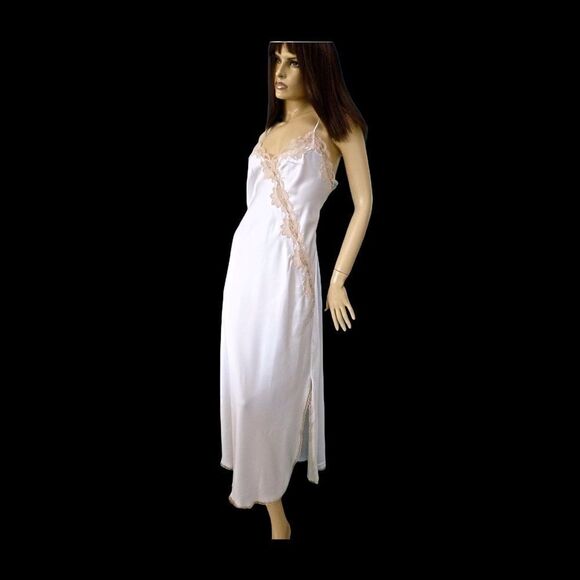 VTG SHINY WHITE SATIN BEIGE LACE FLORAL LONG NIGHTGOWN THIN STRAP -MISS ELAINE- - Picture 5 of 14